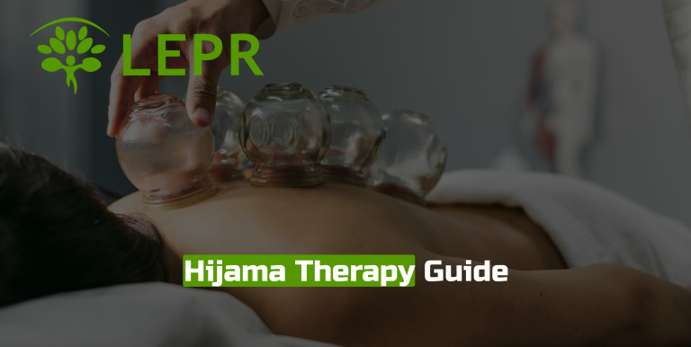 Hijama therapy guide at LEPR showing cupping treatment on the back